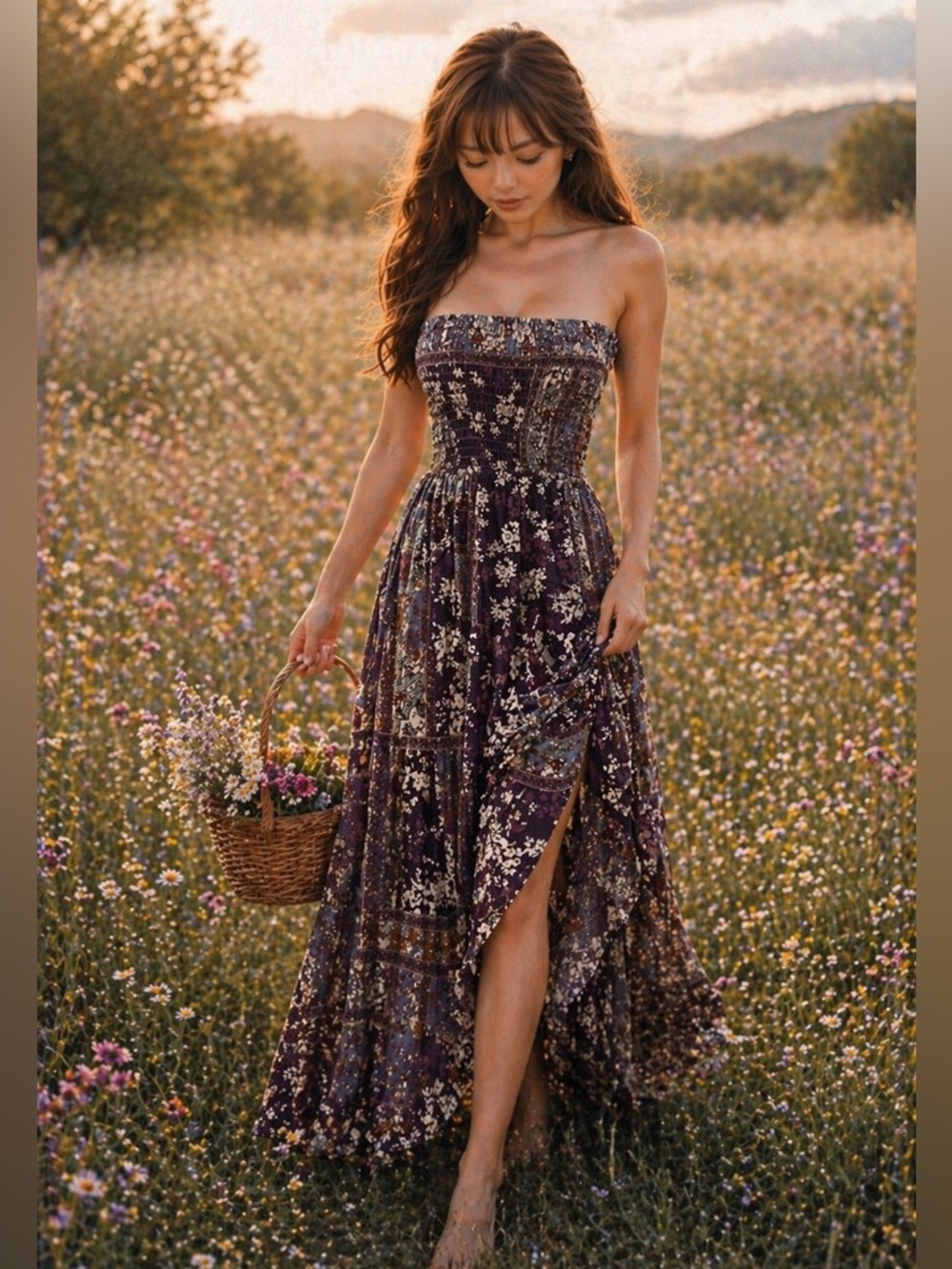 Fluttering in the Garden strapless smocked strappy back maxi dress